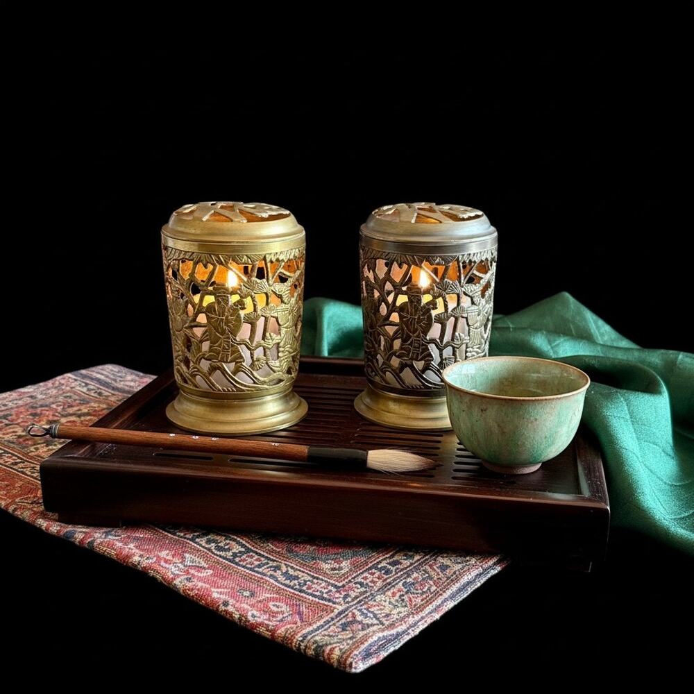 Vintage Brass Chinese Immortal Lanterns Pair-Candle-Incense Holders-Asian-Boho